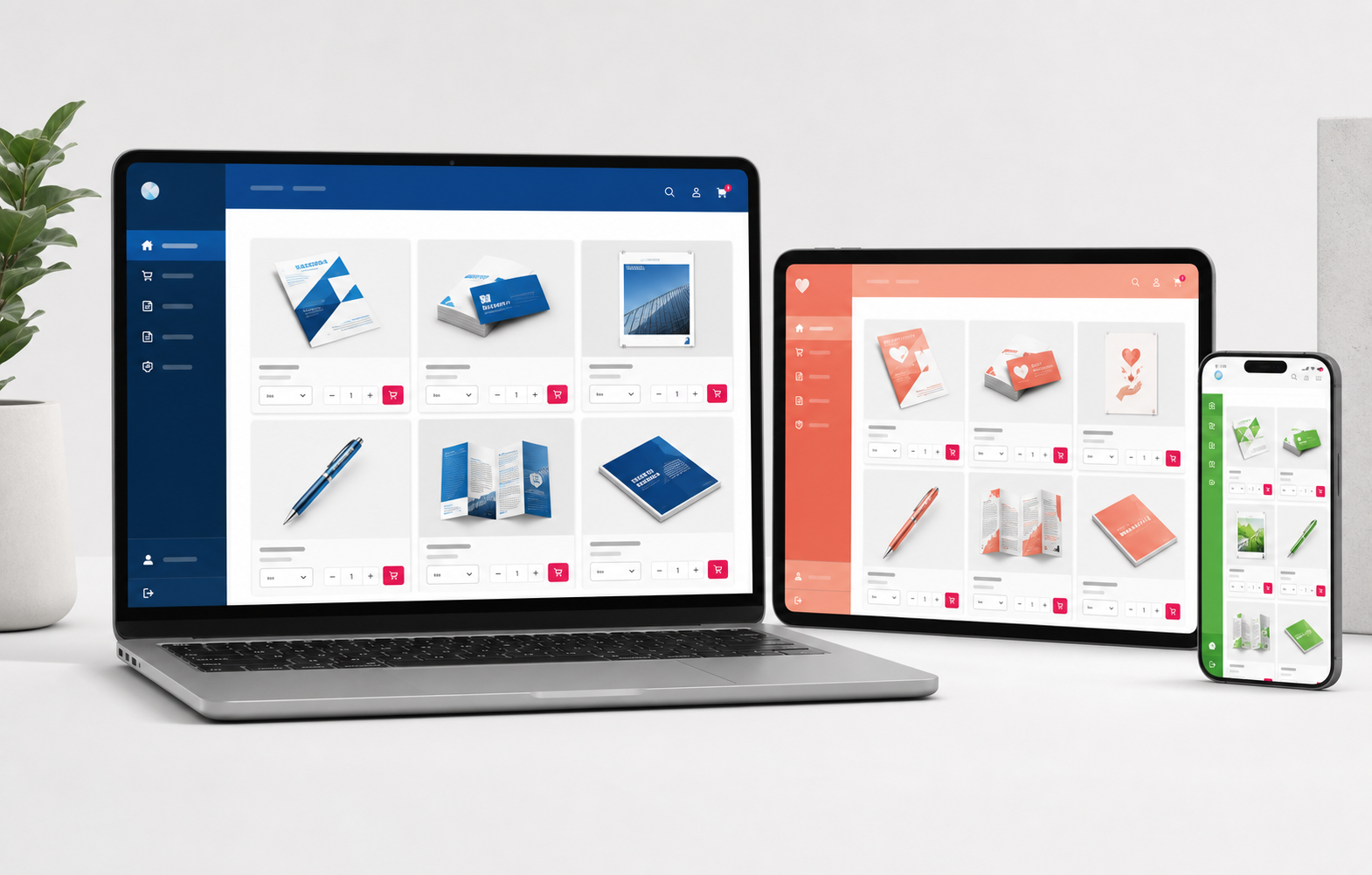 Voorbeelden van printportalen in verschillende huisstijlen op laptop, tablet en telefoon